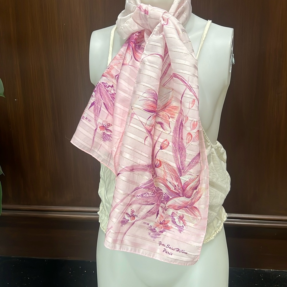 Vintage 1970s Scarf Oblong Sheer Monaco Monte Carlo Pink Rose Floral Ombre